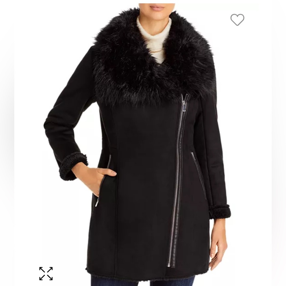 CALVIN KLEIN AYSMMETRIC FAUX FUR TRIM COAT